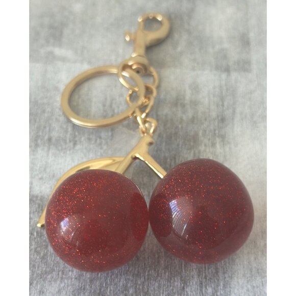 Cherry Pair  w Leave Red Glitter Keychain Fob Purse Charm Gold - Picture 4 of 8